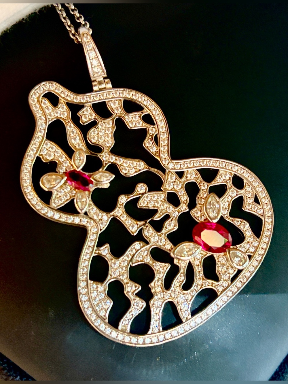 Pre-Owned S925 Silver Openwork Gourd Pendant Necklace with CZ & Created Ruby In